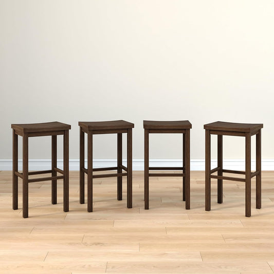 Grain & Grove Smith Collection Set of 4 Solid Wood Bar Stools, 30 inch Saddle-Seat Bar Chairs, Backless, Heavy-Duty Construction, Footrest Support, for Kitchen Islands, Home Bars, and Counters, Walnut