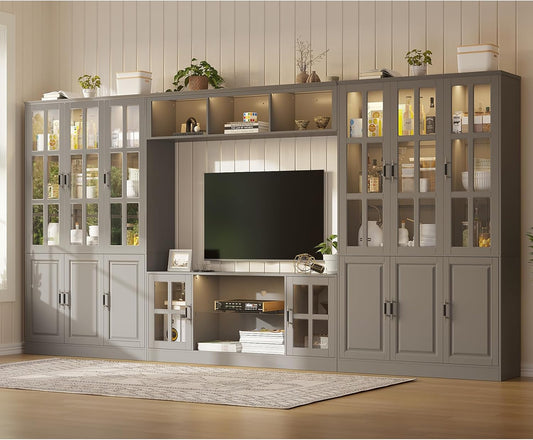 4-Piece Wall Unit TV Stand with Storage & LED Lights for TVs up to 75", Modern Entertainment Center with Bookshelves & 6-Door Pantry Cabinet, Gray