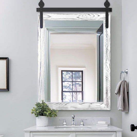 YOSHOOT Farmhouse Barn Door Mirror, 32"x24" Rustic Wood Framed Wall Mounted Vintage Mirror, Wooden Farmhouse Style for Bathroom Living Room Entryway, White, Vertical Hanging ONLY