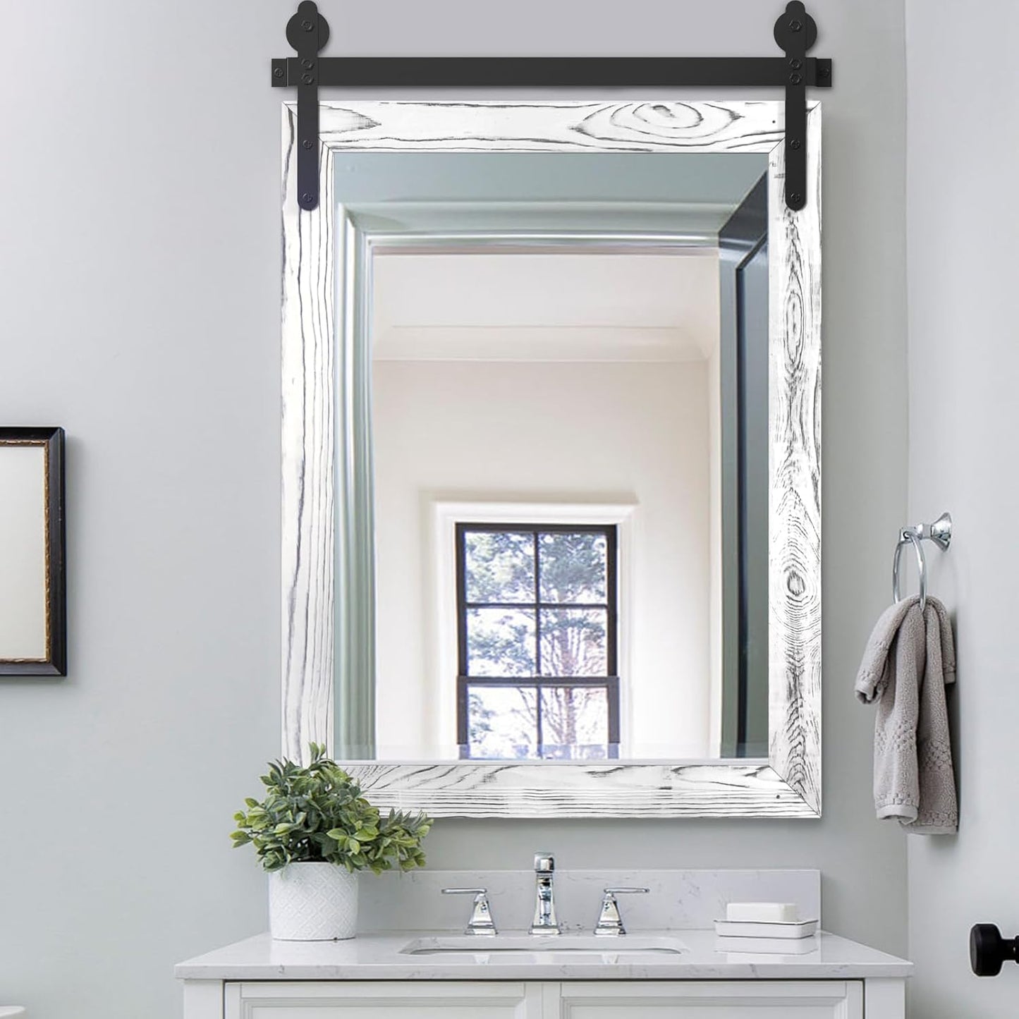 YOSHOOT Farmhouse Barn Door Mirror, 40"x30" Rustic Wood Framed Wall Mirror, Wall Mounted Vintage Mirror, Wooden Farmhouse Style for Bathroom Living Room Entryway, White, Vertical Hanging ONLY