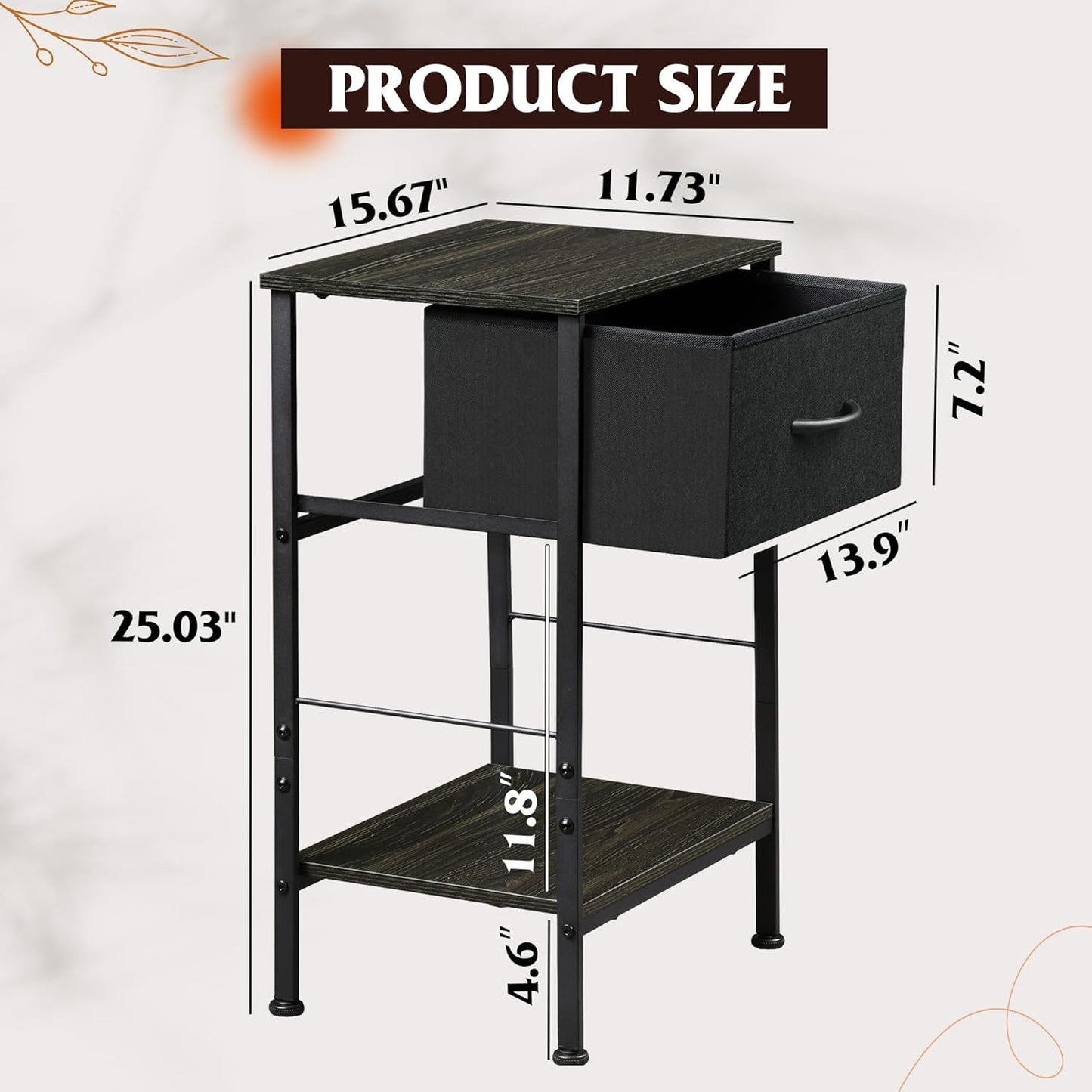 WLIVE Night Stand Set 2, Black Nightstand with Fabric Storage Drawer and Open Wood Shelf, Nightstand Set of 2 with Steel Frame, Side Table for Bedroom, Dorm, Charcoal Black, 25.03" Height