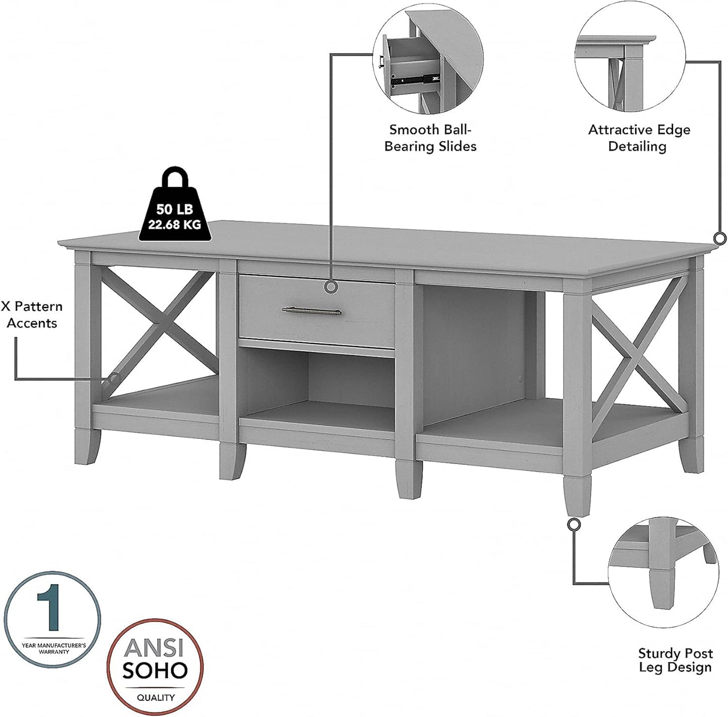 Bush Furniture Key West Coffee Table with Set of 2 End Tables in Cape Cod Gray