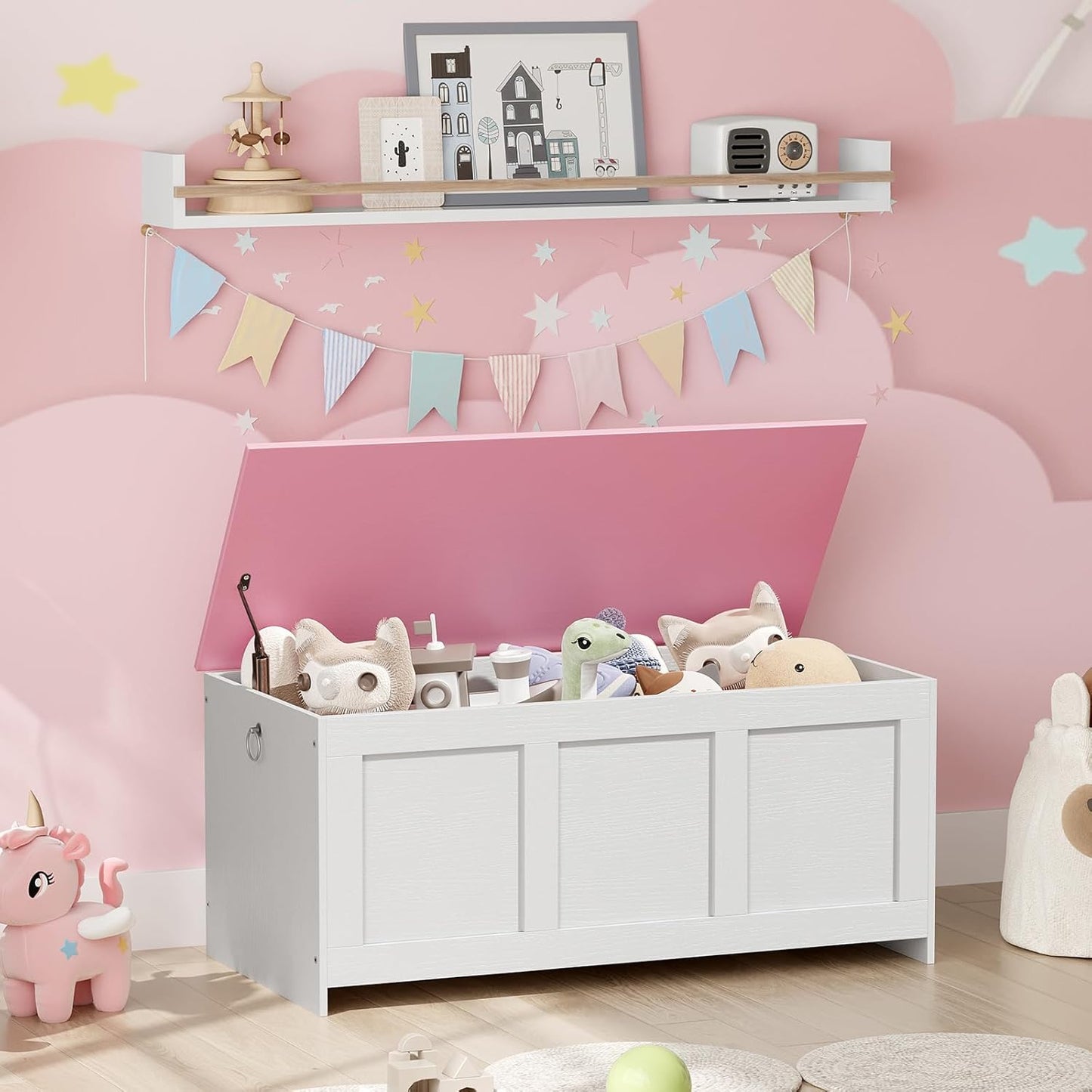 HOOBRO Storage Bench, 39.3" Retro Wooden Storage Chest, Wooden Storage Trunk, Toy Chest with Lift Top, Multifunctional Entryway Organizer, for Entryway, Living Room, White and Pink WK141CW01