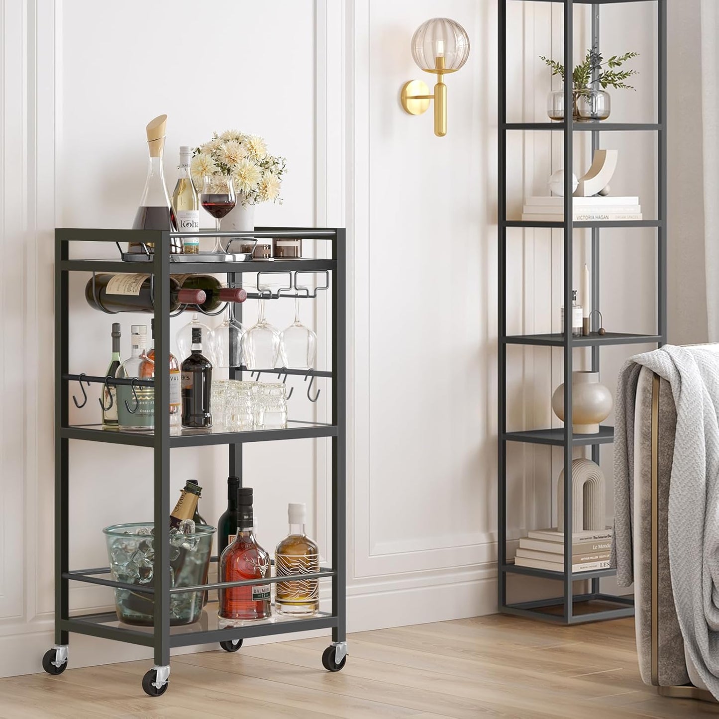 TUTOTAK Bar Cart, Home Bar Serving Cart with 3-Tier Mirrored Shelf, Drink Cart, Mobile Kitchen Shelf with Wine Rack, Rolling Beverage Cart, Black BC01BK033