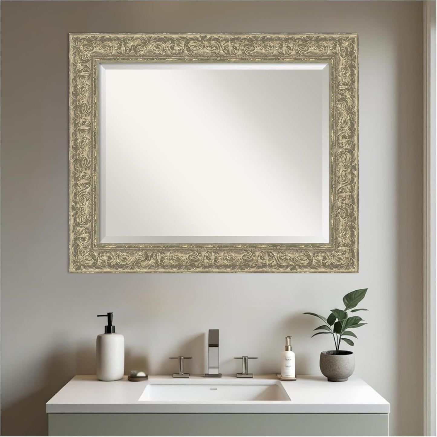 Amanti Art Silver Bathroom Mirror for Over Sink, 29x35 Luxe Antique Silver Rectangle Vanity Mirror, Large Traditional Frame, Hangs Horizonally and Vertically, Bathroom Wall Decor, Beveled Edge