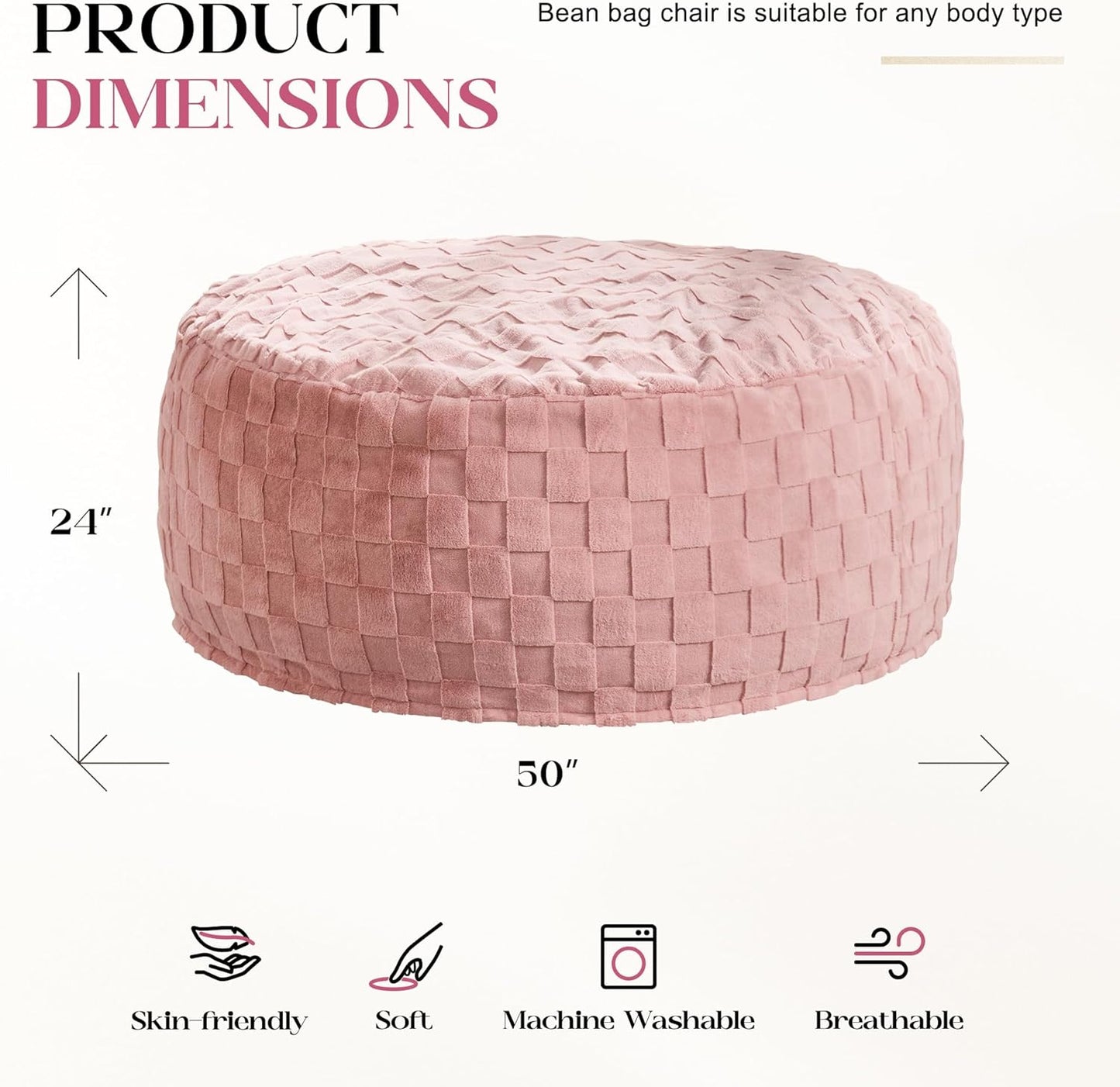 Hobestluk Bean Bag Chairs Beanbag Chair with Filler Adult Bean Bags with Fluffy Plaid Cover, Giant Bean Bag Chairs for Adults for Living Room, Bedroom (Pink, 5FT - 50” x 50” x 24”)