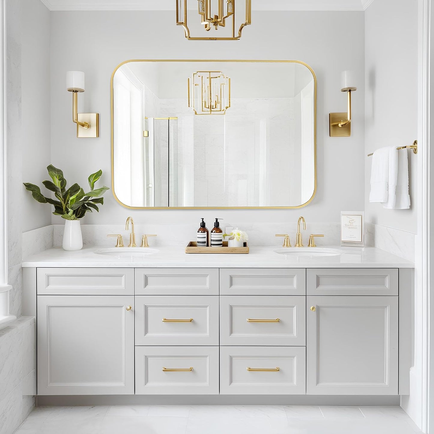 MZON 22x30 Inch Brushed Gold Vanity Mirror, Rectangle Bathroom Mirrors for Over Sink, Anti-Rust Frame & Tempered Glass, Hangs Horizontally/Vertically - Perfect for Farmhouse, Bedroom or Entryway Decor