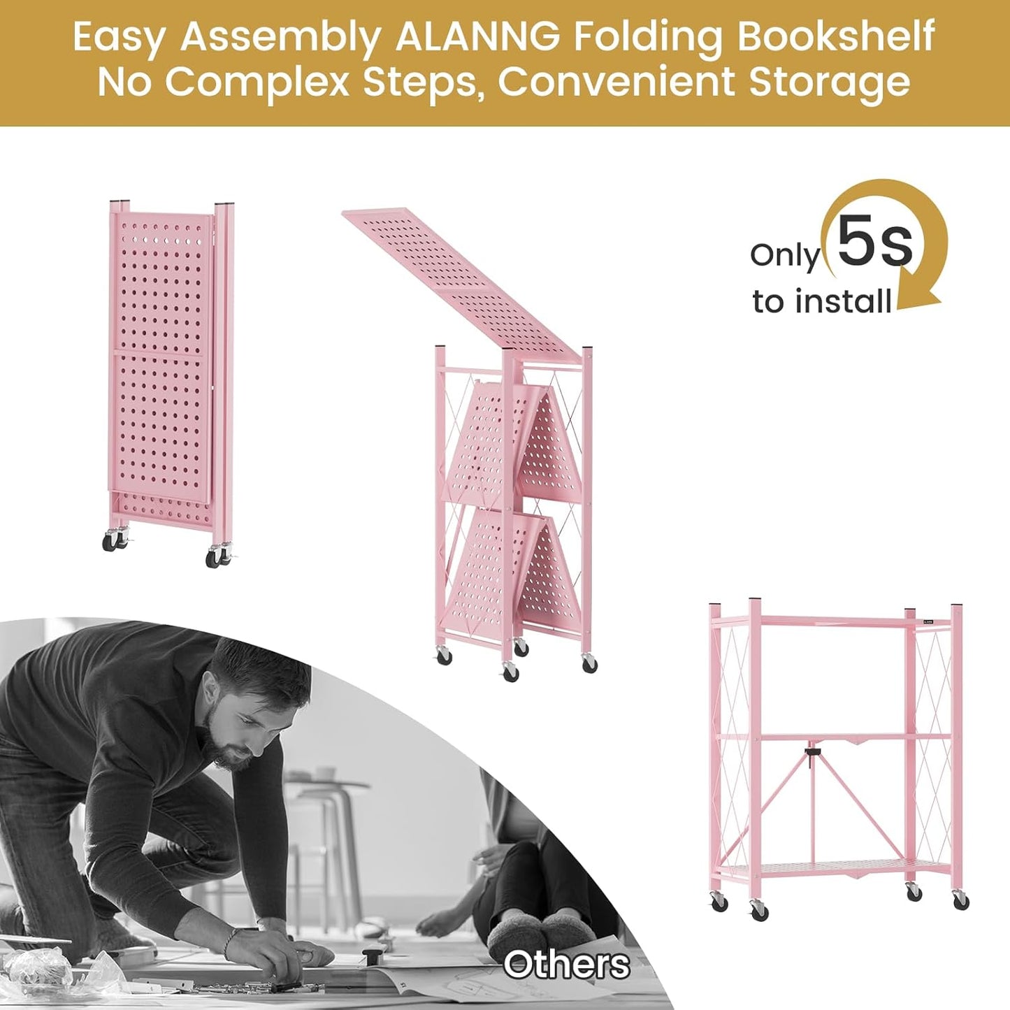 ALANNG Storage Shelves with Wheels, Bookshelf with Storage, No Assembly Metal Rack Shelf for Kitchen, Office, Laundry, Garage (3 Tier, Pink)