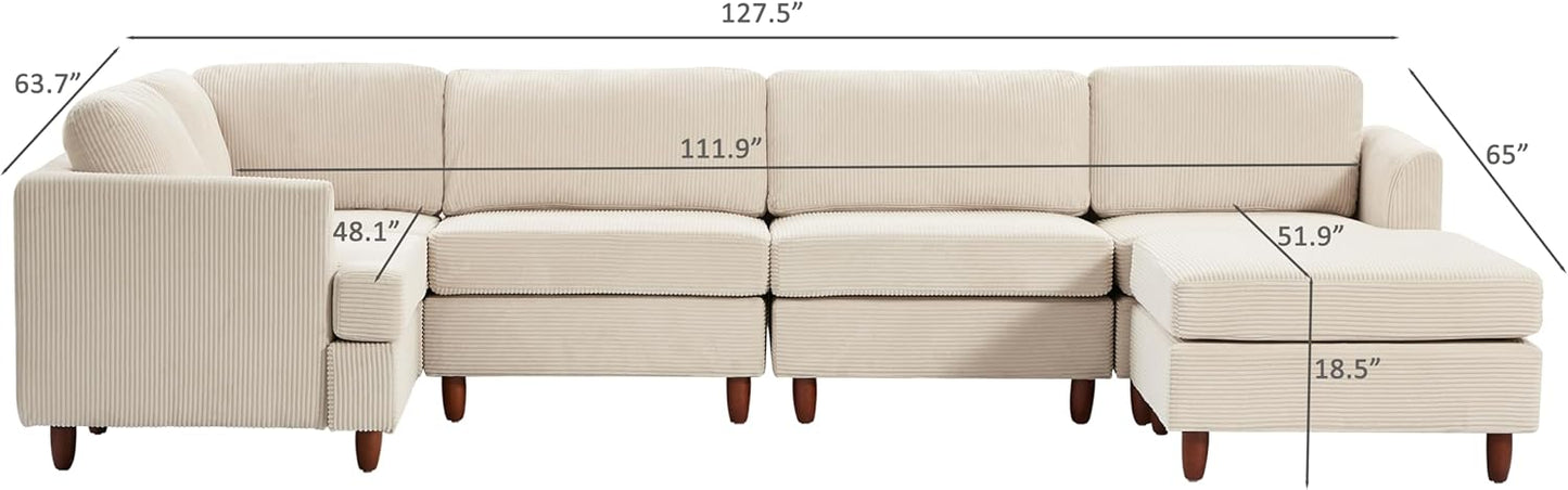 127.5" L/U-Shaped Sectional Couch with Movable Ottoman & 6 Removable Back Cushion, Corduroy Fabric Upholstered 6 Seat Modular Sleeper Sofa,DIY Free Combination Couches for Living Room,Beige