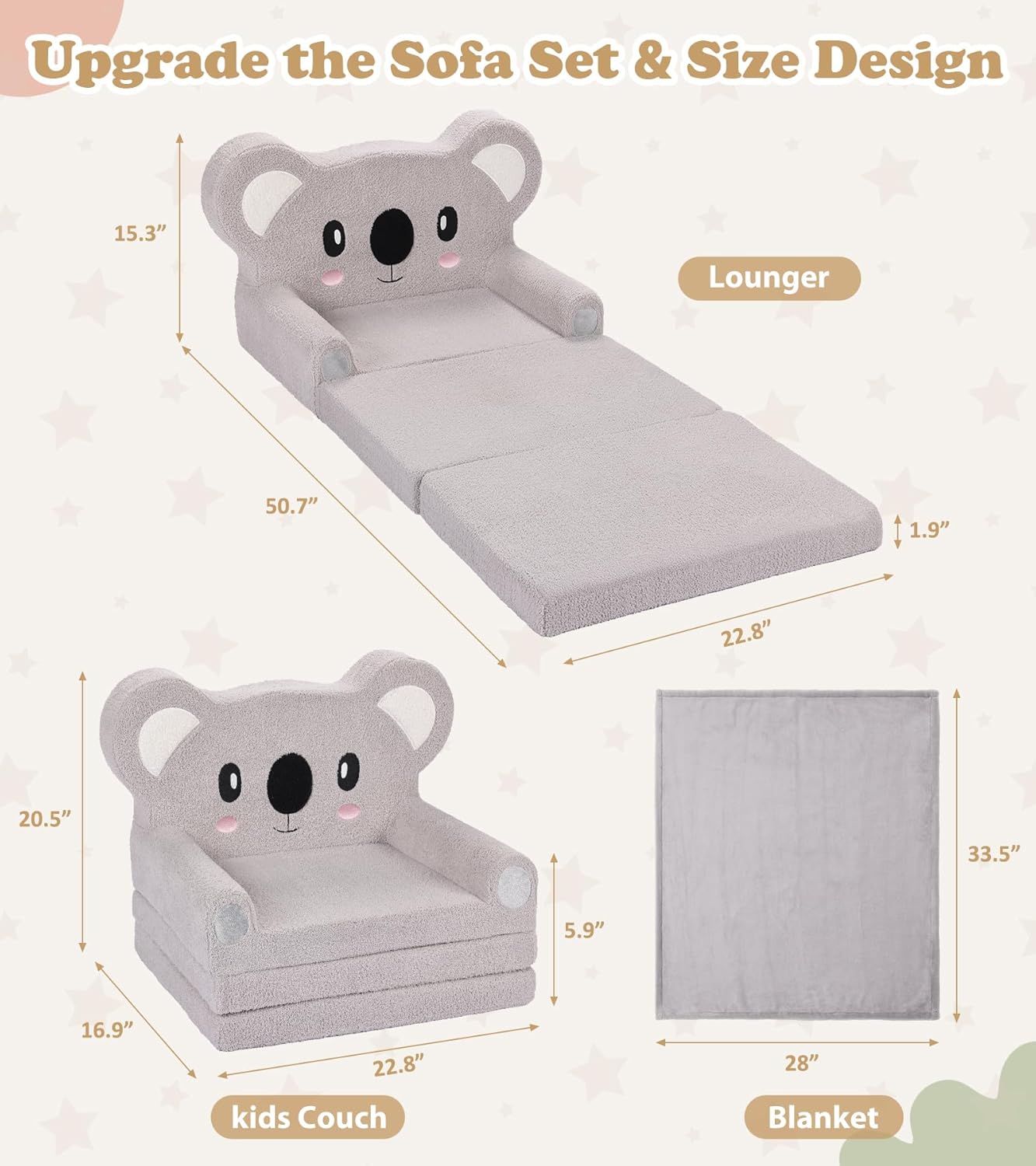 Kids Couch, 2-in-1 Soft Toddler Couch Fold Out with Blanket, Chair Comfy, Foldable Convertible Plush Sofa to Lounger, Gifts for Kids Girl Boys, Koala