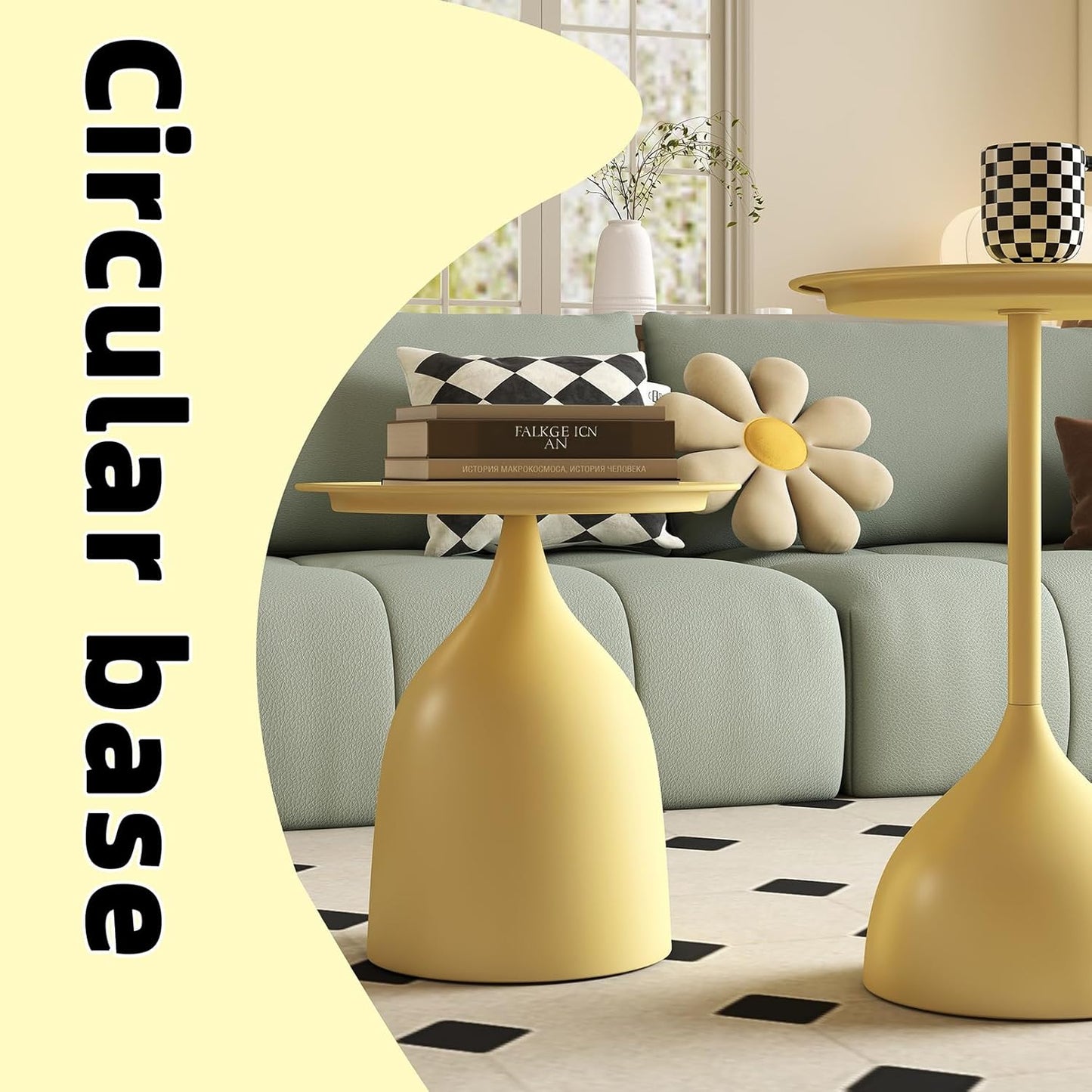 hitsuki Yellow Nesting Coffee Table Set of 2 Funky Colorful Round Metal End Side Tables for Living Room Sofa Retro Modern Pedestal nightstand Cute Matte Cream Yellow Side Table