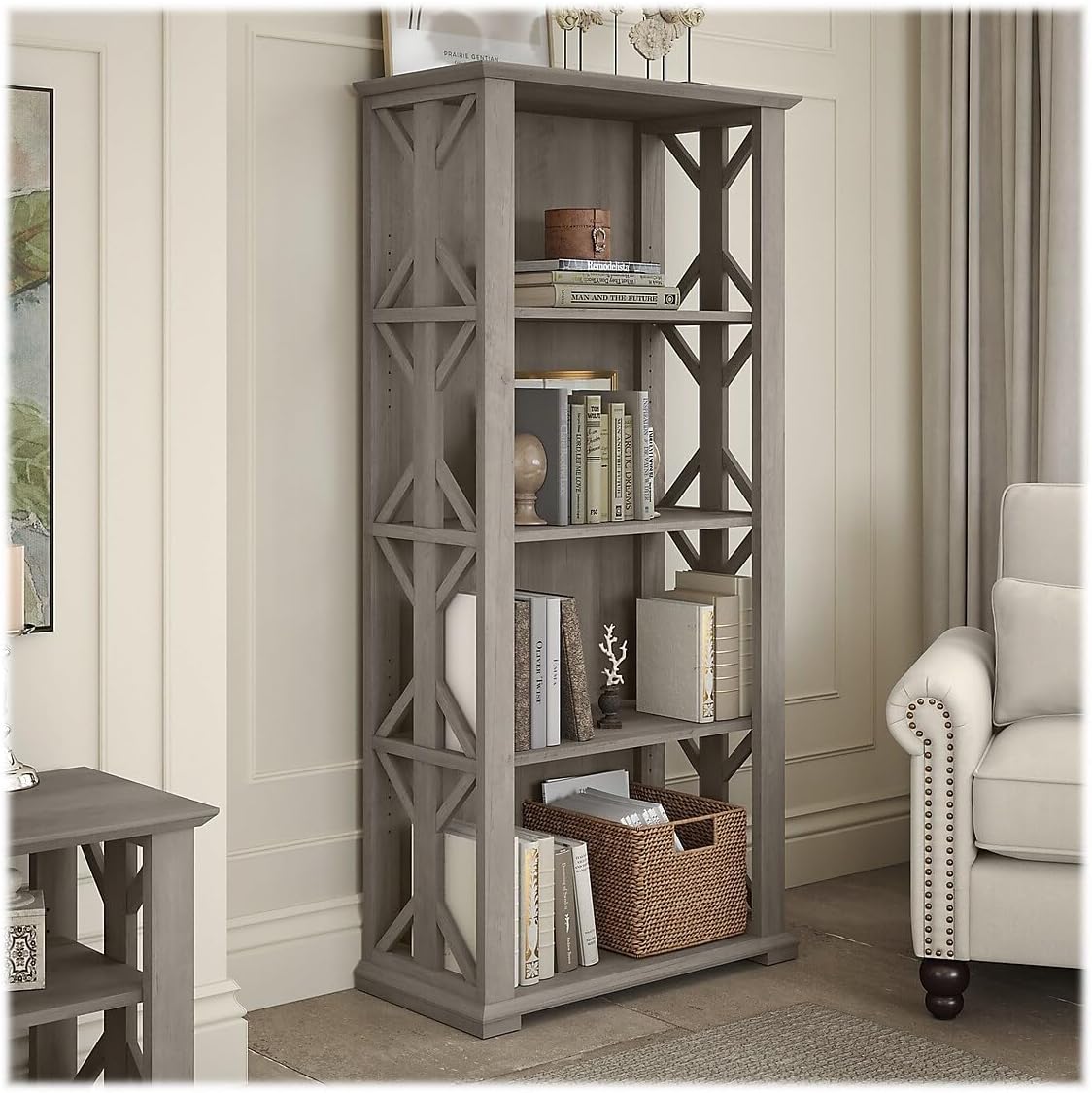 Bush Furniture Homestead 4 Shelf Farmhouse Bookcase in Driftwood Gray, Vertical Office Organizer, Home Shelving Unit for Books and Decor, Bookshelf