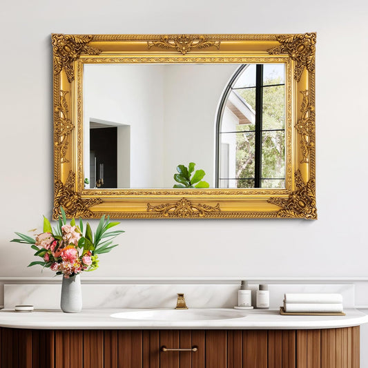 Antique Gold Mirror for Wall Decor, 28" x 20" Gold Vintage Baroque Mirrors with Ornate Frame, Traditional Antique Living Room Mirror, Horizontal/Vertical