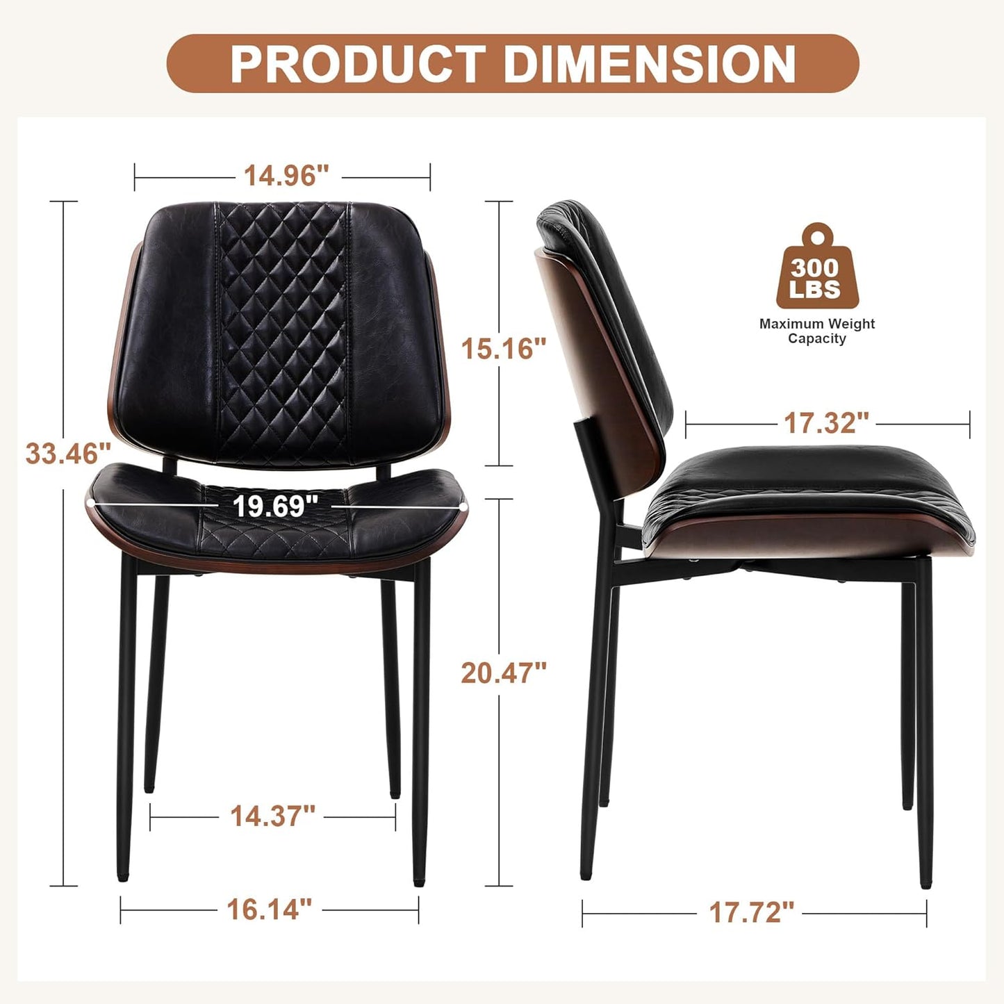 Dining Chairs Set of 4, Upholstered PU Leather Armless Chair, Mid Century Modern Dining Room Chairs, Retro Walnut Bentwood Kitchen Chair with Metal Legs and Adjustable Feet, Black