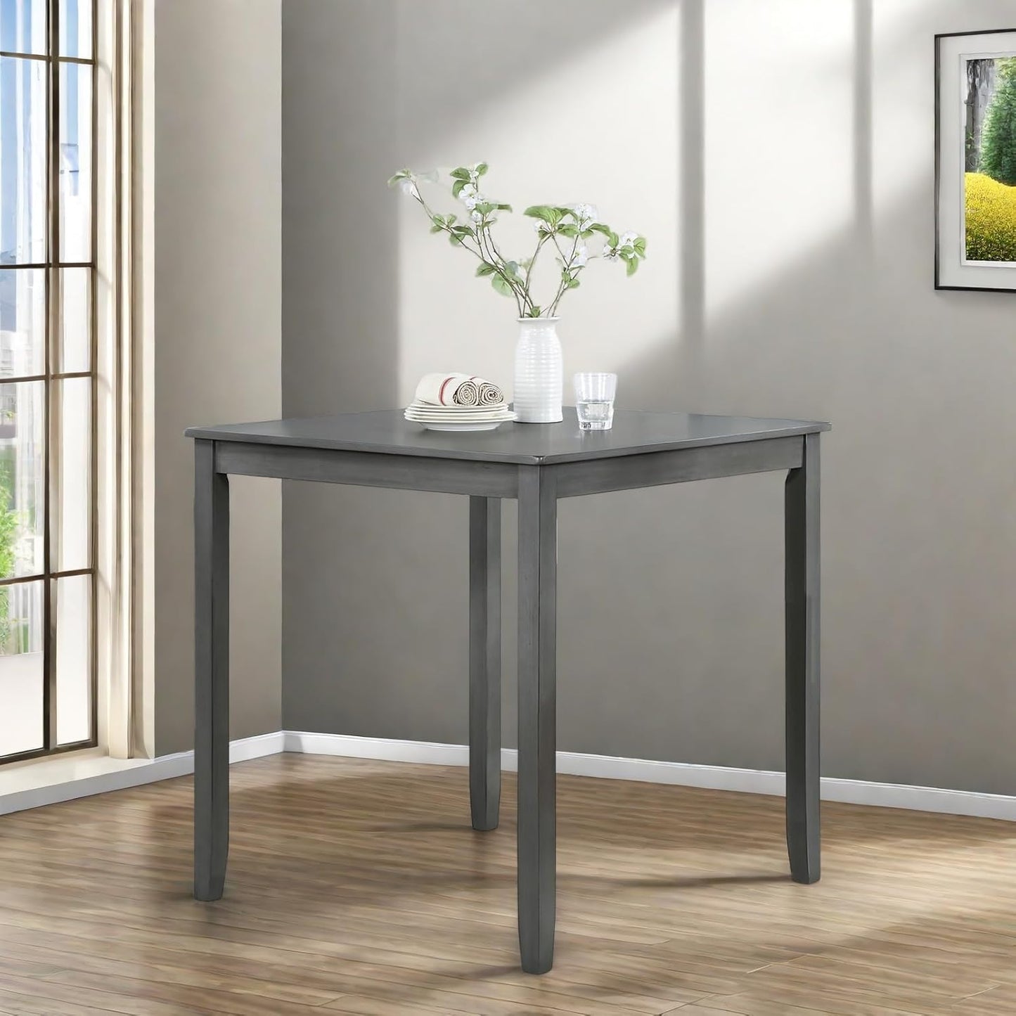 Dining Table for 4, Wooden Rectangular Kitchen Table with Natural Woodgrain Finish, 36" H MDF Modern Dining Table with Solid Wood Tapered Legs and Rounded Corners, Easy Assembly, Gray