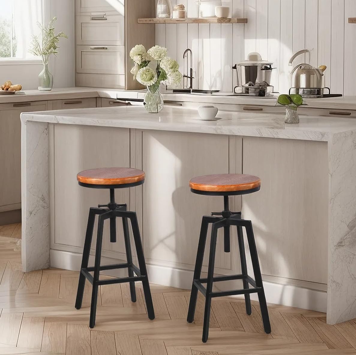 Set of 2 Vintage Bar Stools 25.6-31.5inch Height Adjustable Farmhouse Dinning Stool Swivel Wooden Seat Kitchen Island Counter Chair