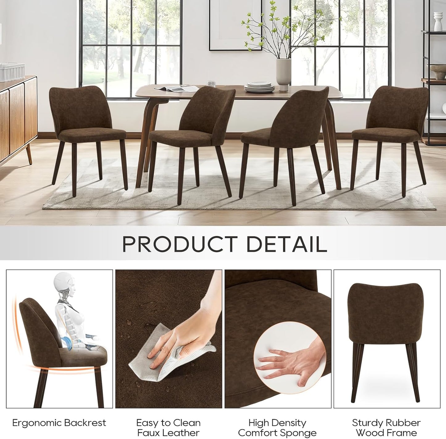 COLAMY Upholstered Dining Chairs Set of 4, Modern PU Leather Dining Room Kitchen Side Chair with Padded Seat and Wood Legs Restaurant/Cafe, Dark Brown