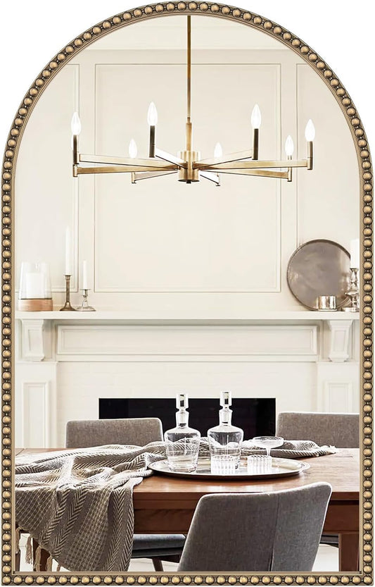 Beaded Arched Mirror for Wall, 24"x38" Gold Arch Bathroom Vanity Mirror, Retro Brass Metal Frame Decorative Mirror for Bedroom Dressing Room Entryway Fireplace