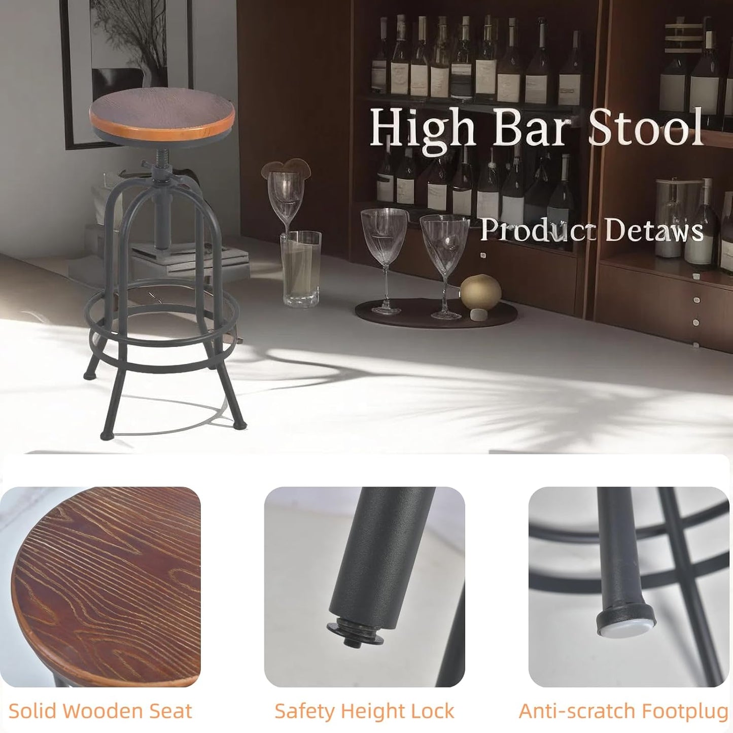 Set of 2-Industrial Bar Stool-Retro 26-32.3inch Swivel Stools-Extra Tall Kitchen Chair-Bar Counter Height Adjustable-Fully Welded (Black 2PCS)