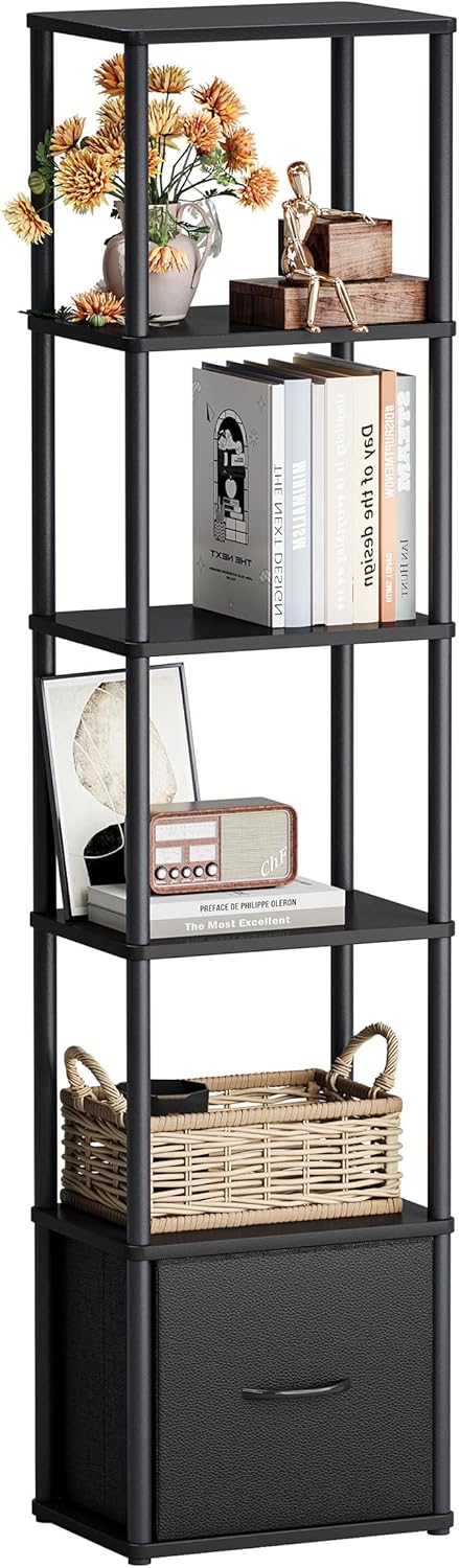6-Tier Bookshelf with Drawer, Narrow Bookshelves Organizer, Floor Standing Ladder Shelf, Tall Bookcase for Small Space, Book shelf with Storage for Living Room, Bedroom, Office, Study Black HBC505B