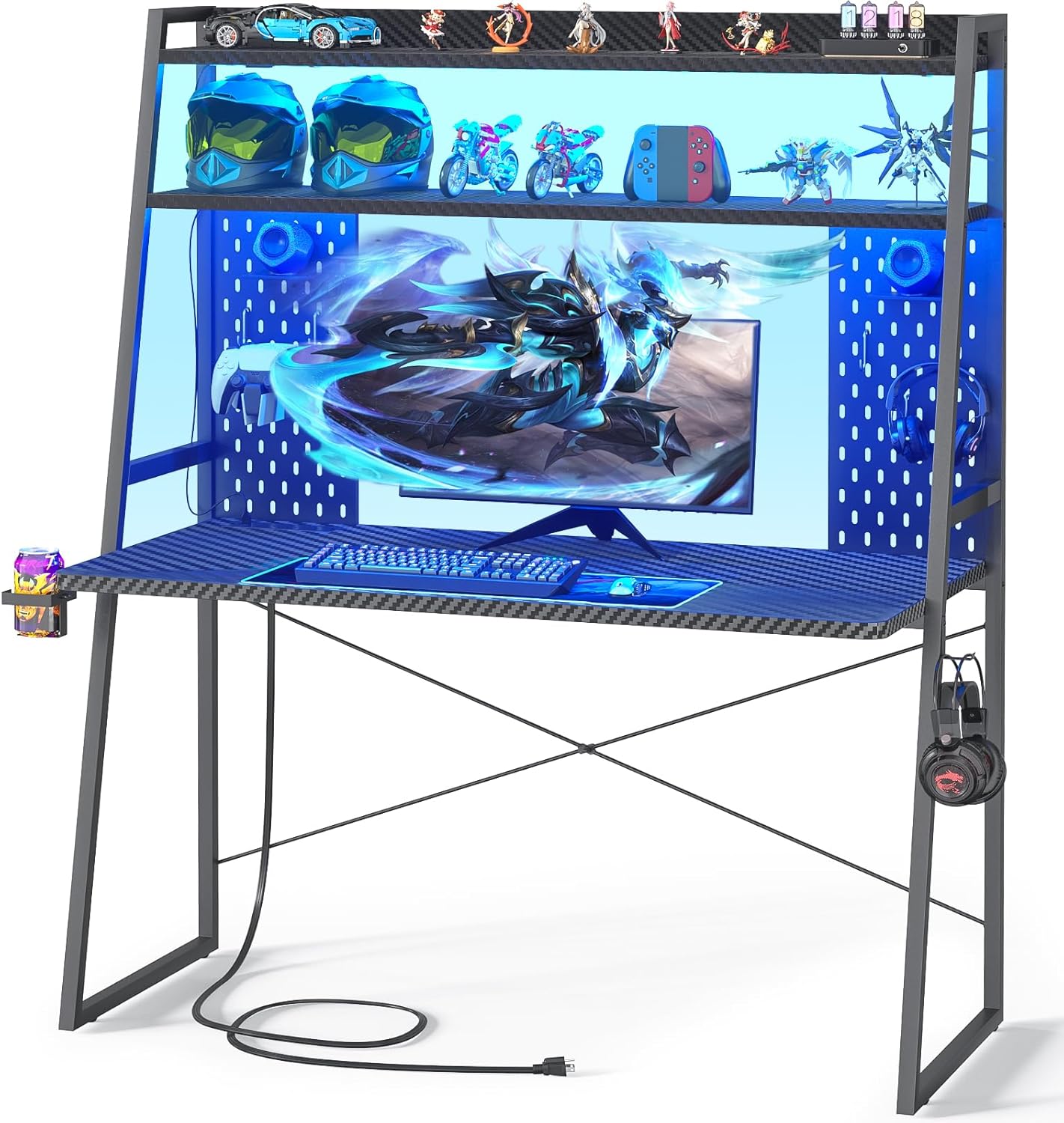 Small Gaming Desk with Hutch and LED Lights, Gaming Computer Desk with Power Outlets, Gamer Desk with Storage Shelves, Game Desks with Pegboards for Bedroom Small Spaces, Black, 43"