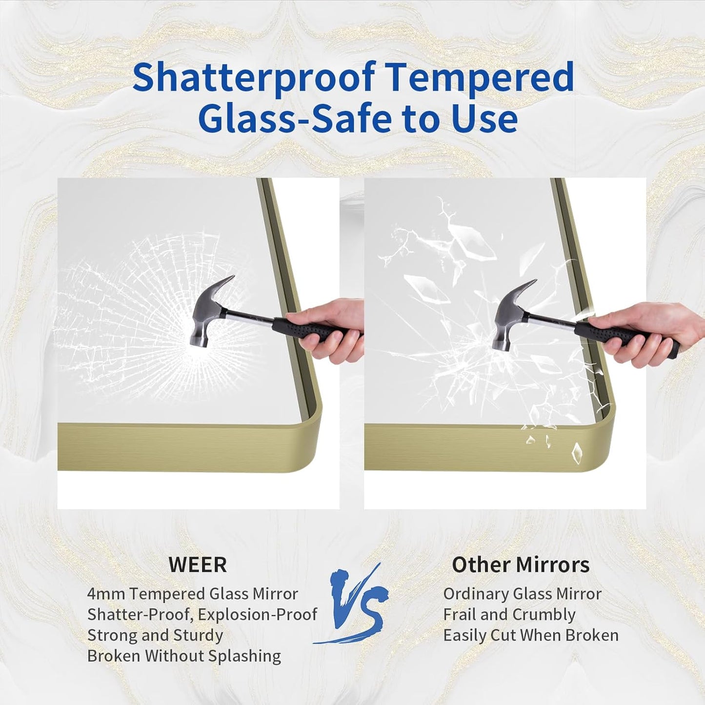 WEER Gold Bathroom Mirror, 50X30 Inch Brushed Gold Metal Frame Mirror, Rounded Rectangle Gold Bathroom Vanity Mirror for Wall, Tempered Glass, Anti-Rust, Hangs Horizontally or Vertically