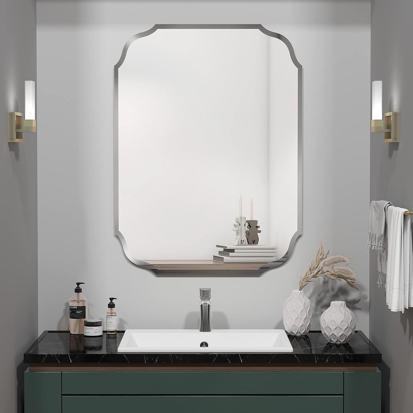 KOHROS Frameless Scalloped Beveled Edges Mirror 20" x 28" Bathroom Mirrors for Over Sink Silver Wall Mirror for Bathroom, Vanity, Bedroom (Horizontal or Vertical)
