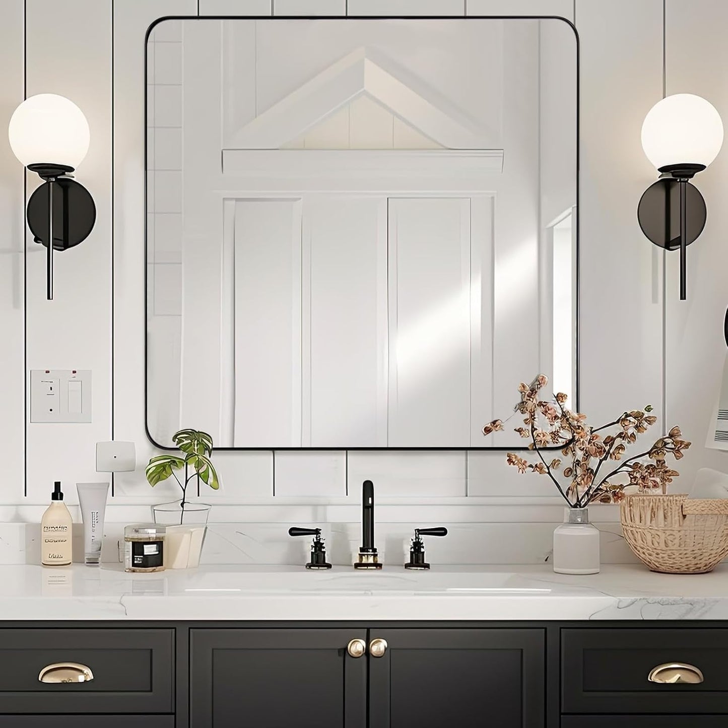 ANDY STAR Black Bathroom Mirrors for Over Sink, 30x30 Inch Matte Black Mirror for Bathroom, Square Metal Vanity Mirror for Wall-Modern Clean Design with Superior Stainless Steel Frame