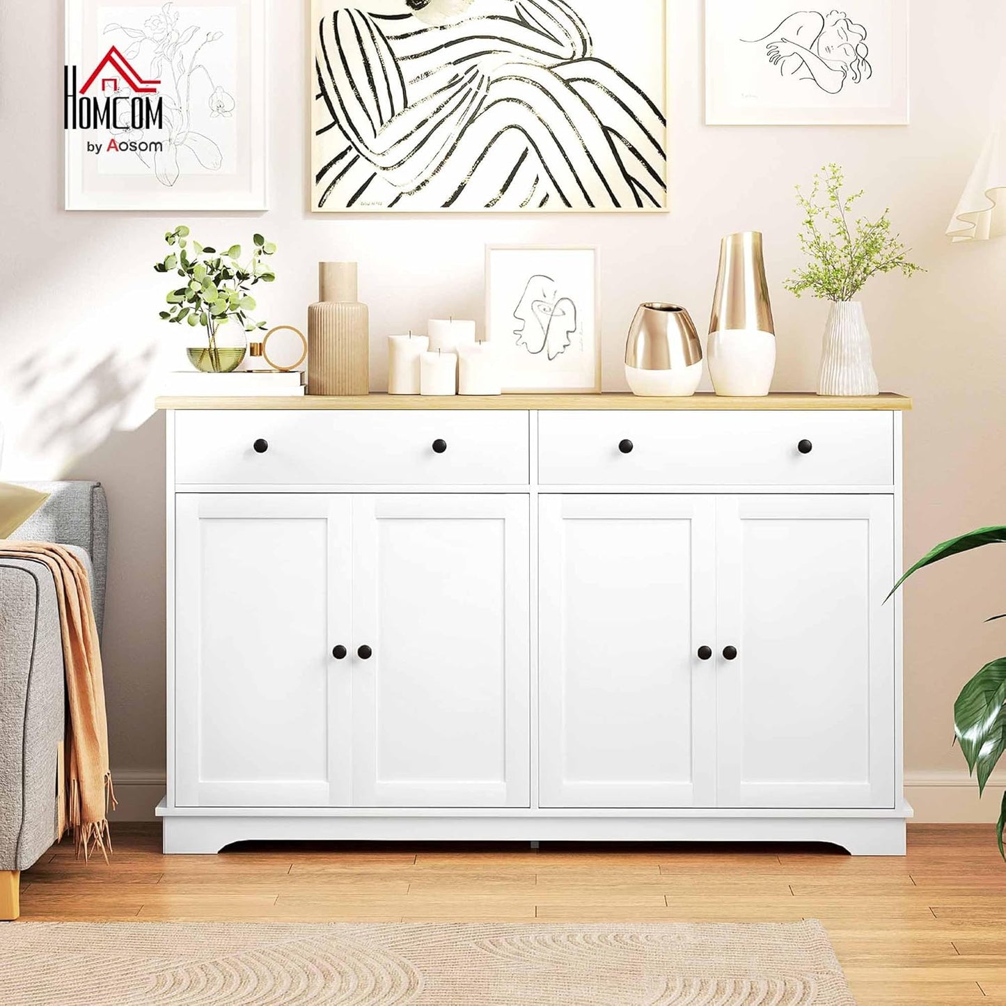 HOMCOM Sideboard Buffet Cabinet with Storage, 55" Modern Kitchen Cabinet with 4 Doors, 2 Drawers and 2 Adjustable Shelves, Coffee Bar, White