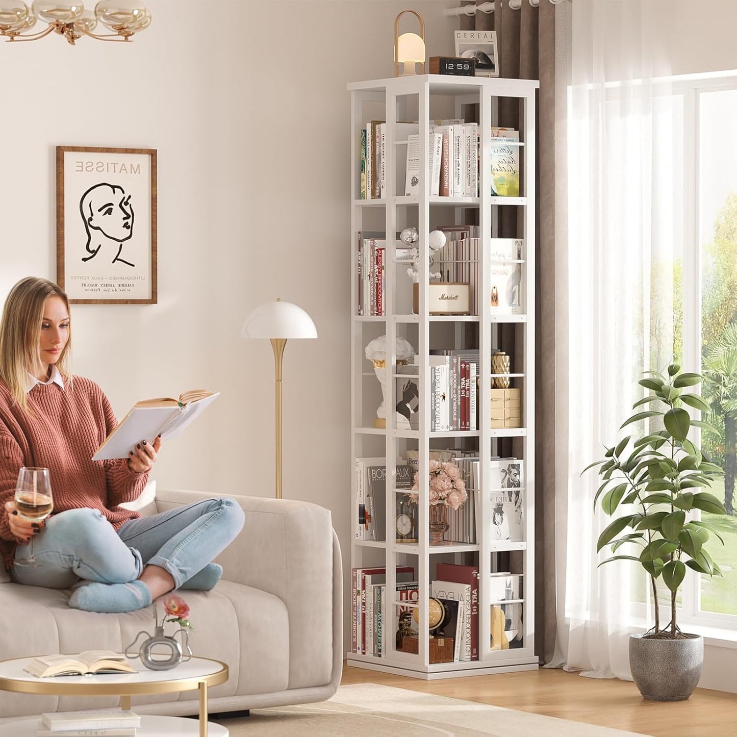 Aheaplus Rotating Bookshelf, Corner Bookcase, 360 Display Wood Spinning Bookshelves, Floor Standing Bookcases Narrow Shelf, 5 Tiers, White