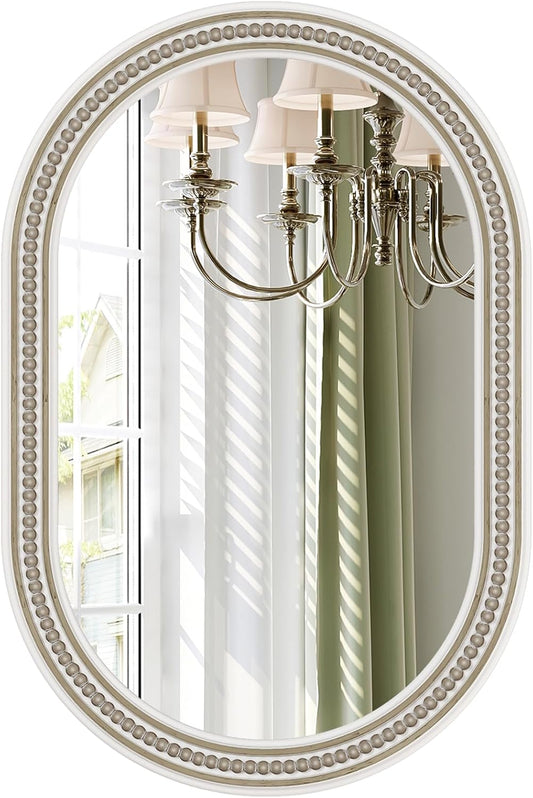 Boho Oval Mirror, 24" x 36" Farmhouse Antique Oval Bathroom Mirrors, Wooden Rustic Decorative Mirror with Beaded for Wall, Bedroom, Dining Room, Hallway, Vertical or Horizontal Hanging