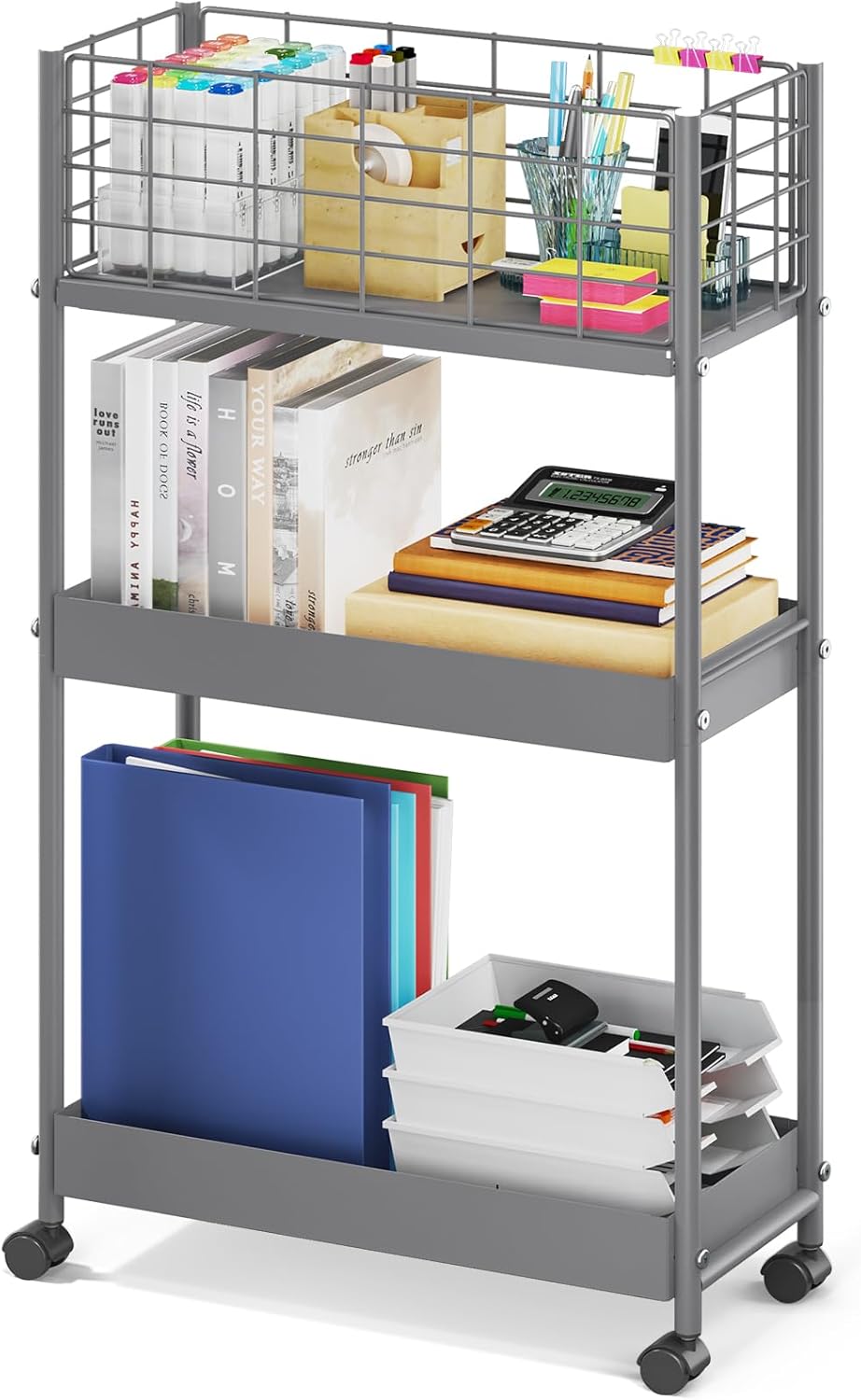 KINGRACK Slim Storage Rolling Cart, 3-Tier Metal Utility Cart with Wheels, Rolling Storage Cart, Skinny Storage Rolling Cart, Storage Trolley Cart for Office Kitchen Bathroom Narrow Place, Grey