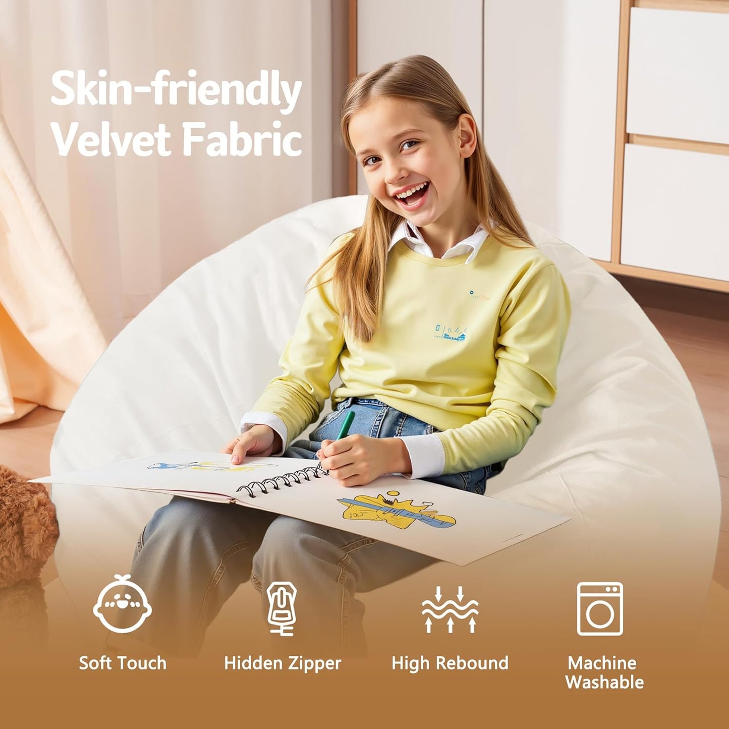 Homguava 2FT Bean Bag Chair: 2' Bean Bags with Memory Foam Filled,Comfy Beanbag Chairs Round Bean Bag Sofa with Dutch Velvet Cover-Beige