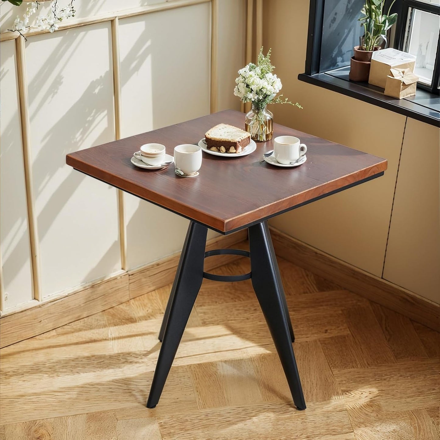 Square Cafe Table - 27.6" Pine Wood Top, Metal Frame, 28.15" High, Modern Industrial Dining Table for Kitchen, Home Office, Bistro, Compact for Space Saving, Black Base Brown Top