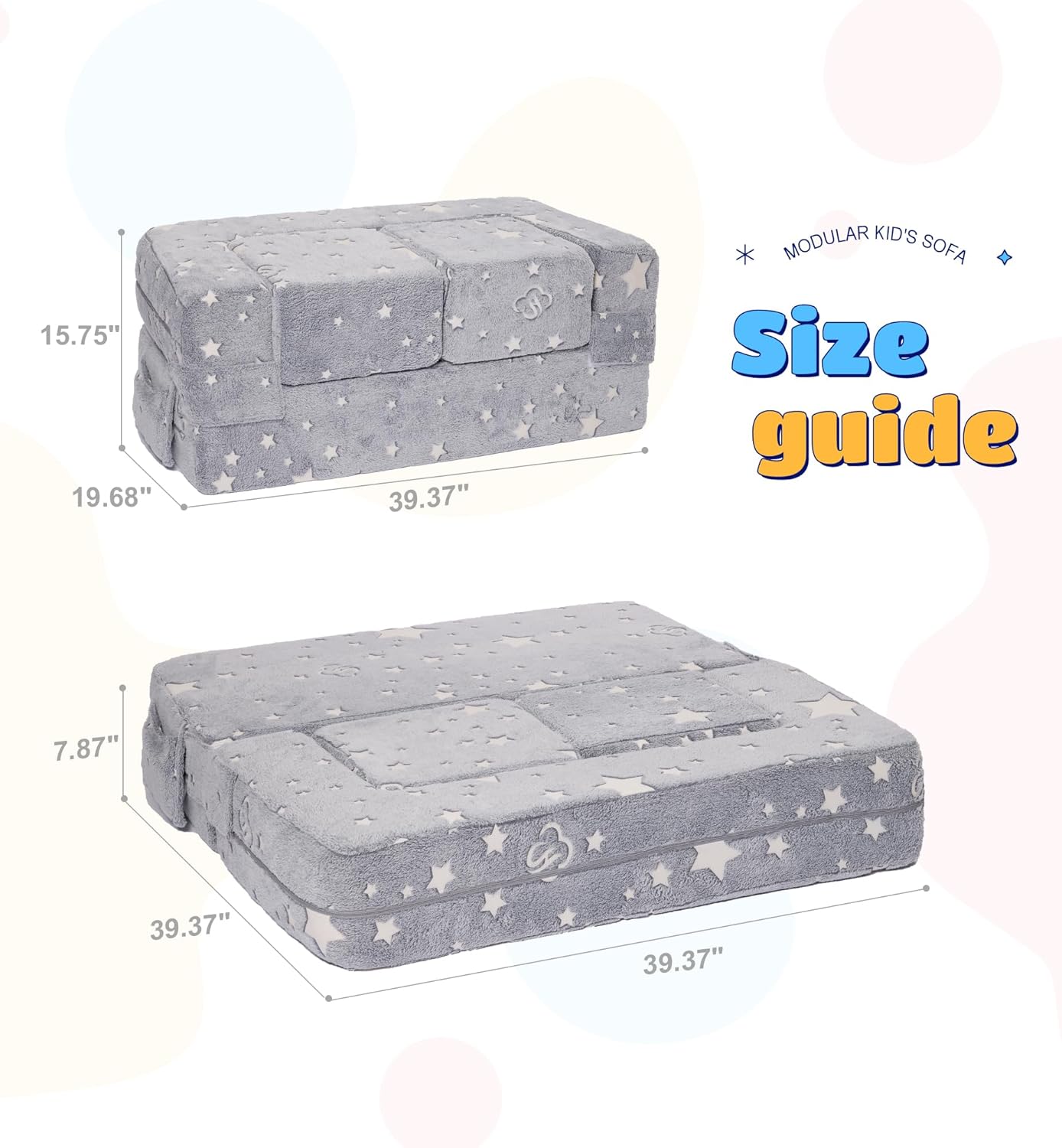 Modular Kids Sofa, Glow in The Dark Star Plush Couch, Convertible Kids Play Set, Fold Out Sofa Bed(Stars)