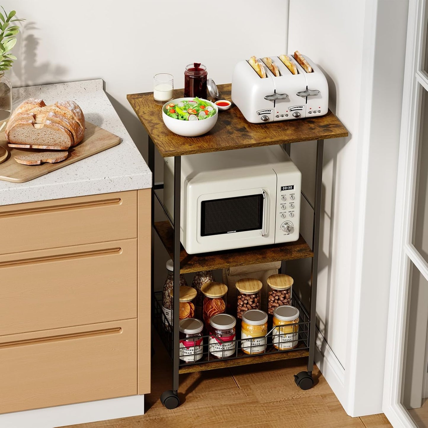 Microwave Cart with Storage, 3-Tier Rolling Kitchen Stand with Wire Basket, Wood and Metal Utility Cart on Wheels, Coffee Bar Station, Small Baker’s Rack As Kitchen Island, Microwave Shelf Organizer