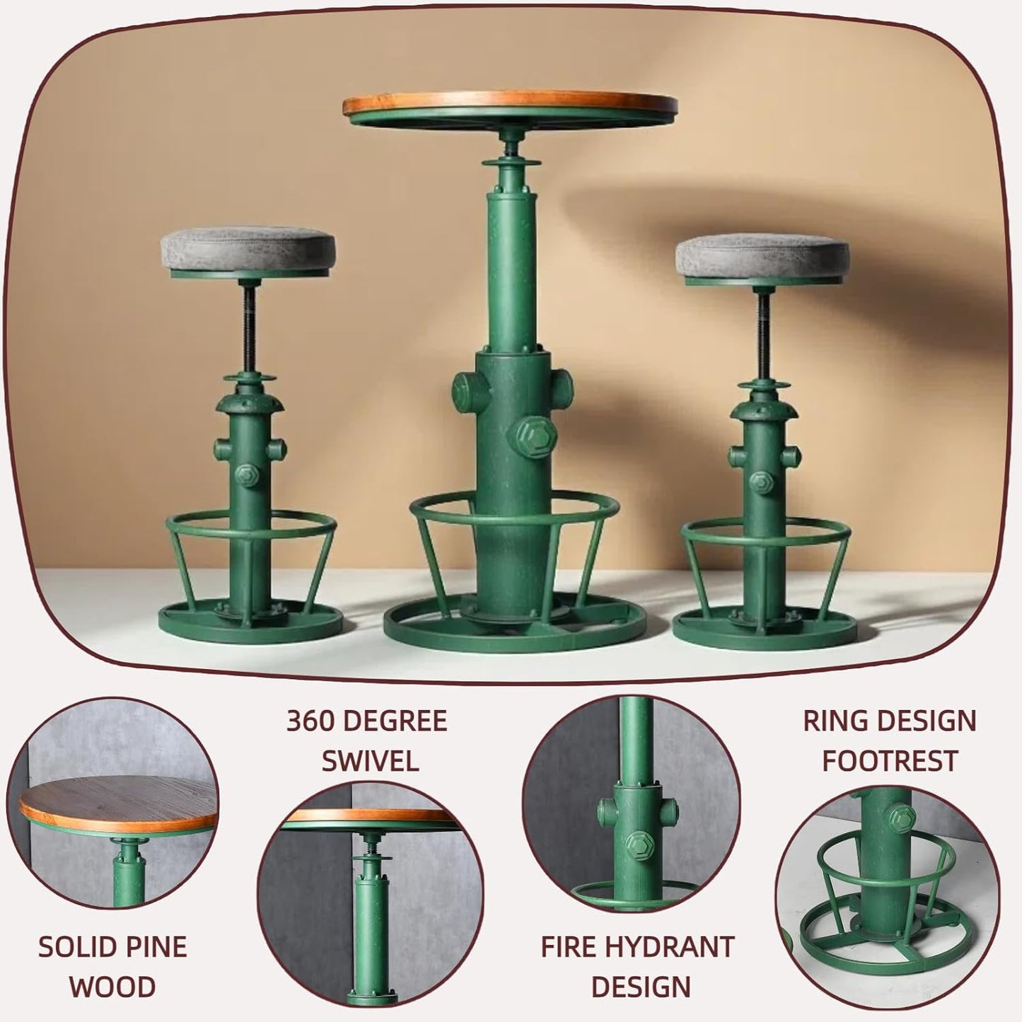 Farmhouse Bistro Bar Table Vintage Round Pub Table Industrial Coffee Table Breakfast Dinner Table for 2-3 People 38.6-44.4inch Height Adjustable Swivel Wooden Table Top