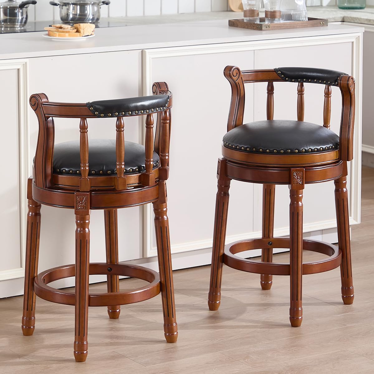 Cow top Leather Wooden Bar Stools, 360 Degree Swivel Bar Height Chair with Backs for Home Kitchen Counter, Morden Chair Barstools (Black-2pc, Counter Height-Seat Height 26”)