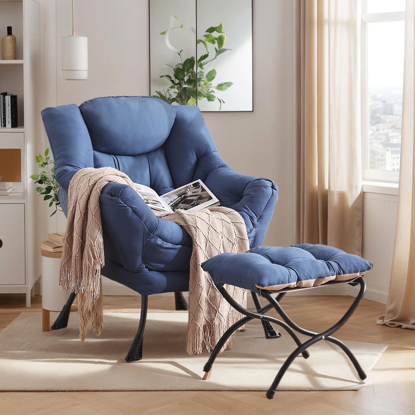 Large Lazy Chair with Ottoman, Accent Reading Chair with a Footrest, Cozy Lounge Armchair, Leisure Sofa Armchair for Living Room, Bedroom, Dorm Room, Office (Royal Blue)