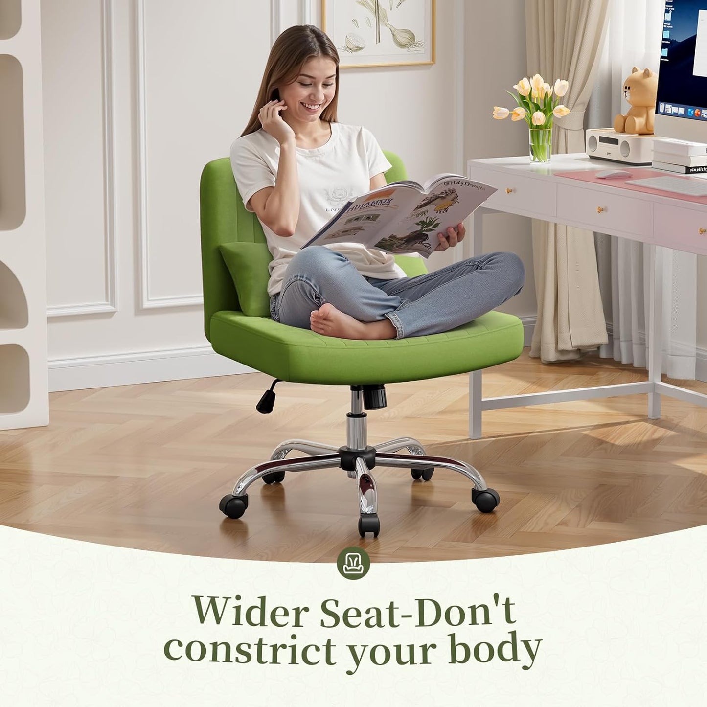 Warmiehomy Criss Cross Office Chair with Wheels, Velvet Cross-Legged Desk Chairs for Home, Height Adjustable Swivel Wide Seat Computer Chair, Morden Vanity Chair for Women, Light Green