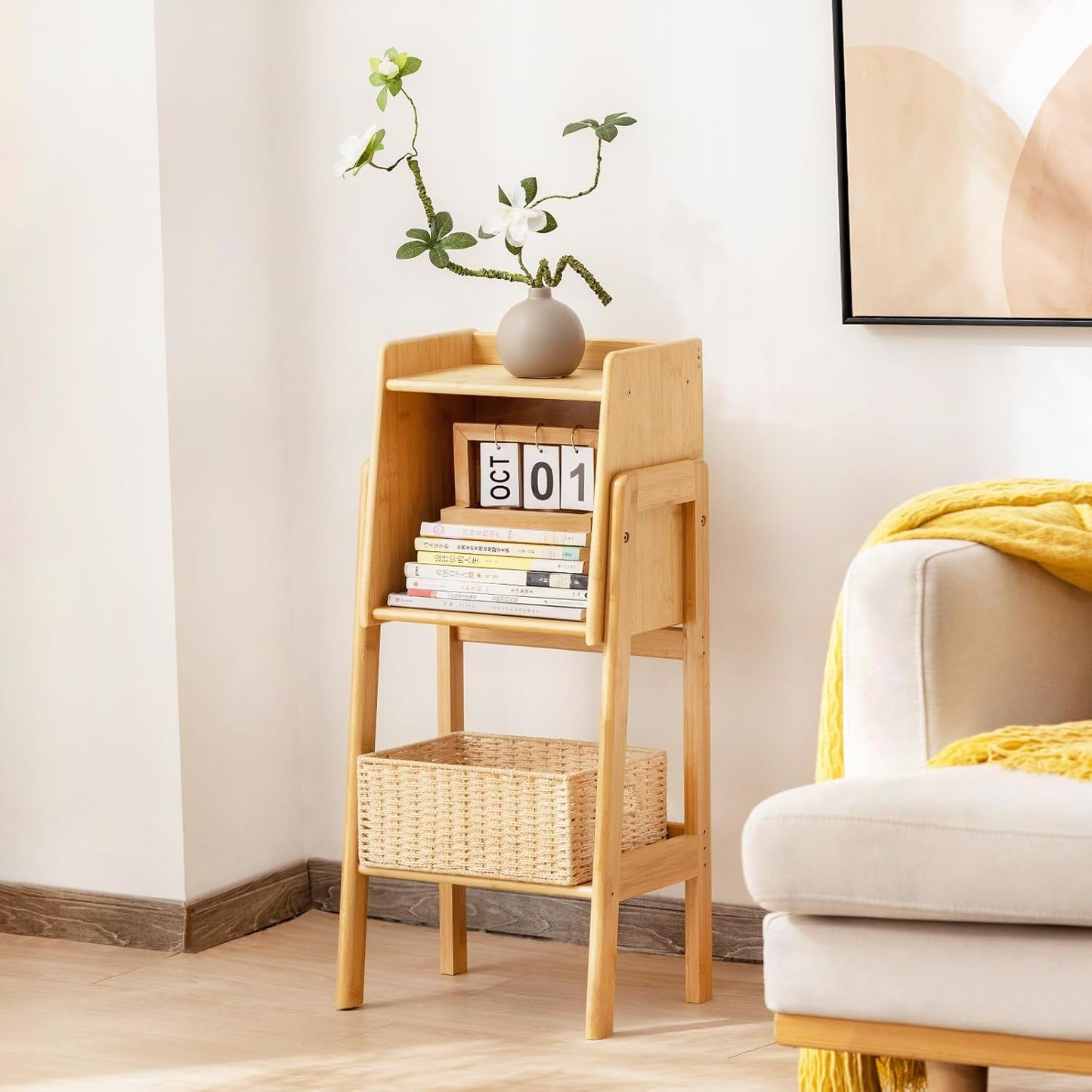 Welnow Bamboo Bookcase with Cabinet, Natural End Table with 1-Tier Storage Shelf, Modern Bedside Organizer Side Table for Bedroom or Living Room, Wood Bookshelf with Open Space