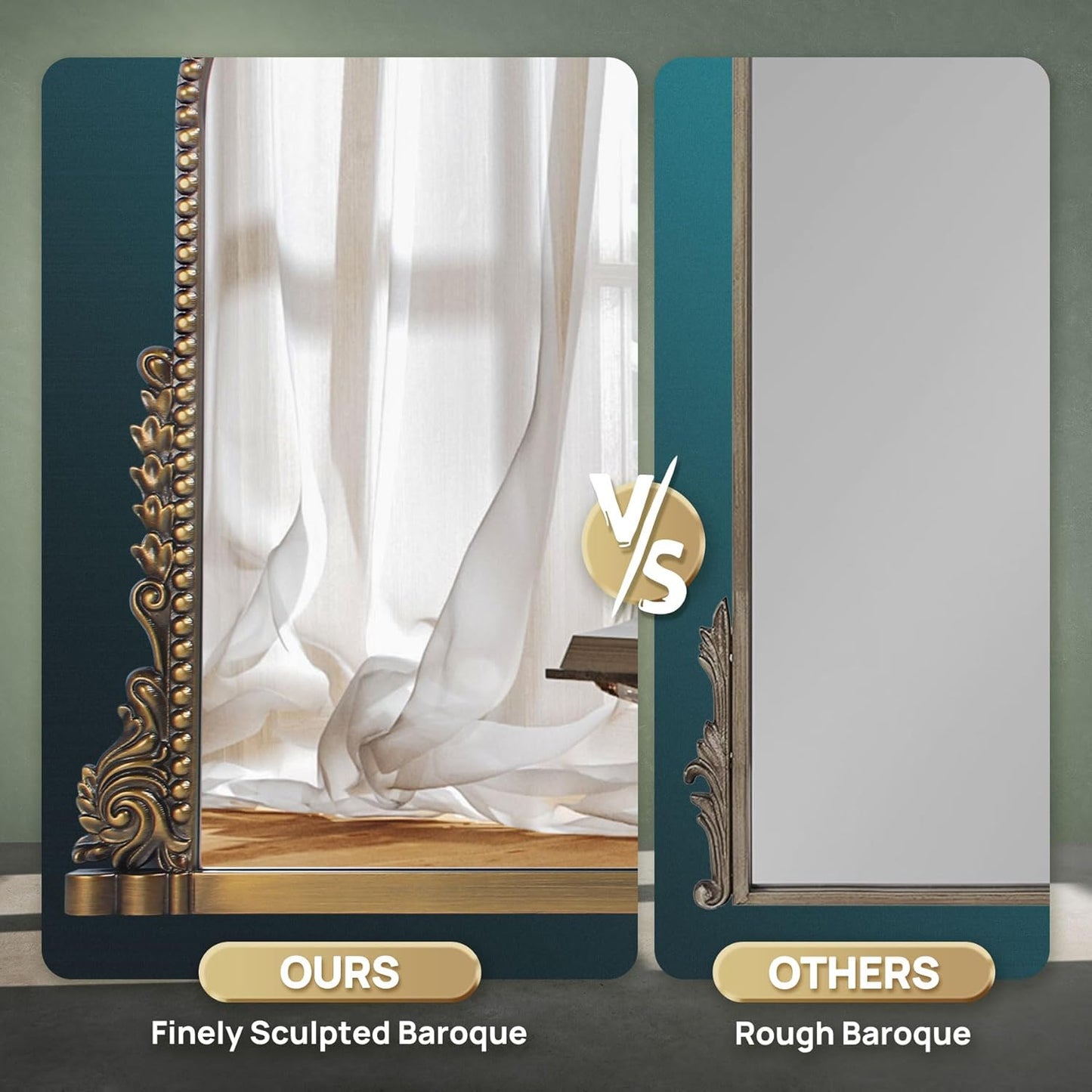 36"x23" Vintage Baroque Mirror - Ornate Antique Brass & Wood Frame, Handcrafted Arched Wall Mirror for Entryway, Living Room, Fireplace Mantel, Bathroom or Hallway Decor