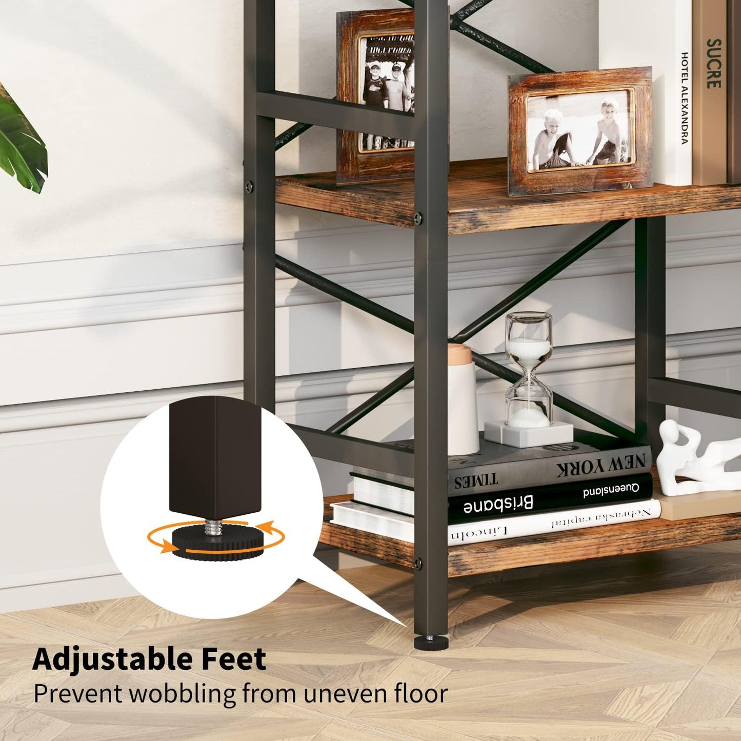 Homeiju Bookshelf, 3 Tier Industrial Bookcase, Metal Small Bookcase, Rustic Etagere Book Shelf Storage Organizer for Living Room, Bedroom, and Home Office(Rustic Brown) Patent Pending D29873033