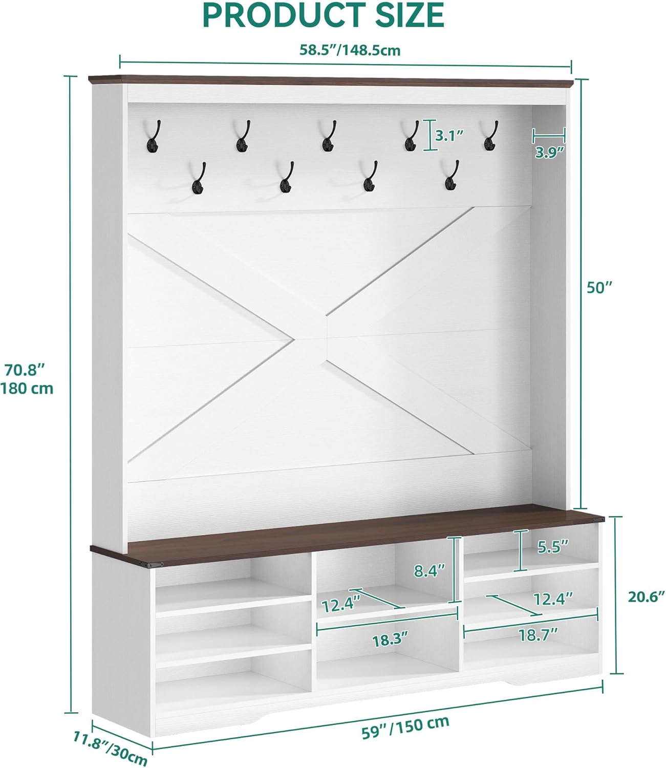 YITAHOME Hall Tree with Bench and Shoe Storage, Mudroom Storage Modern Shoe Cabinet with Bench & 9 Double Prong Hooks, for Entryway & Living Room, Walnut & Off-White