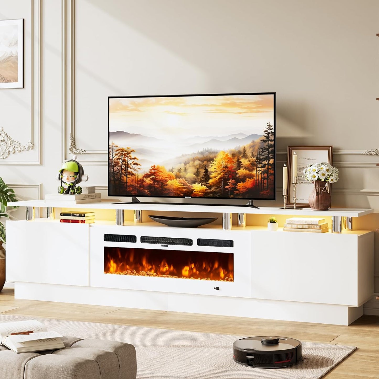 80" Entertainment Center & TV Stand, Modern Media Console with Storage Cabinet, Fits TVs up to 90", Living Room Furniture, 36" Electric Fireplace (All White)
