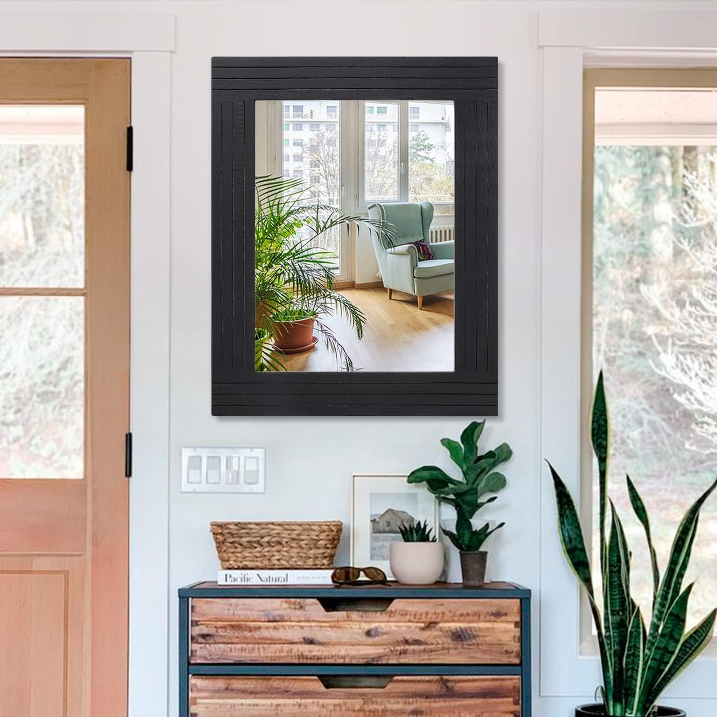 Black Wall Mirror Rectangular Vintage Rustic Wood Framed Large Mirror Deco Farmhouse Living Room Bathroom Bedroom Entrance Mirror 26" x 18"