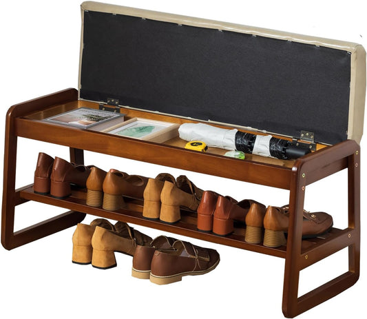 latifolia Solid Wood Bench, Entryway Shoe Bench with Cushion, Flip-Open Storage Compartment, 2-Tier Shoe Organizer(Grey,39.70''L)