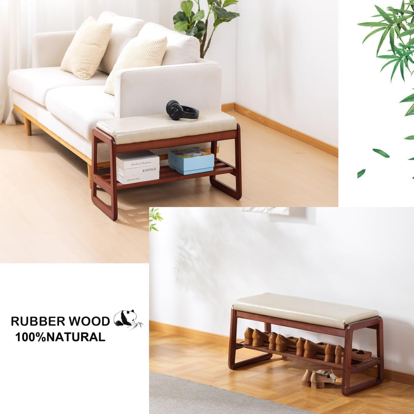 latifolia Solid Wood Bench, Entryway Shoe Bench with Cushion, 2 Tier Shoe Storage Organizer for Hallway, Living Room(Grey,31.50''L)