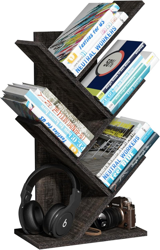 5 Tier Tree Book Shelf, Small Desktop Bookshelf with Storage Organizer, Wood Bookcase, Desk Display Bookshelves, Floor Standing Organizer Bookcases for Living Room,Bedroom,Office-Dark Grey