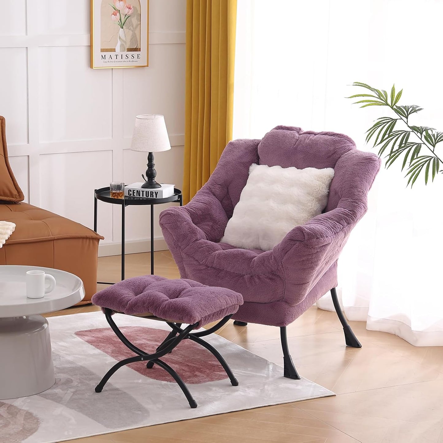 Lazy Chair with Ottoman, Modern Large Accent Lounge Chair with a Pillow, Leisure Sofa Armchair with Ottoman, Reading Chair with Footrest for Bedroom, Living Room, Dorm Rooms,Plush Purple